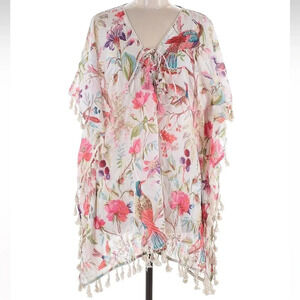Z & L Beach Tropical Floral Bird Tassel Fringe Kimono Swim Cover Up Size M L NWT